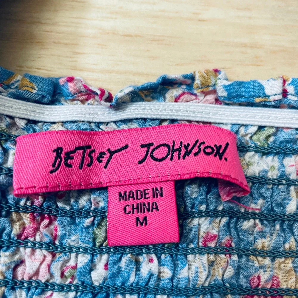 Betsey Johnson Blue Floral Smocked Mini Dress Puff Sleeve Pink Trim  M - Picture 4 of 8